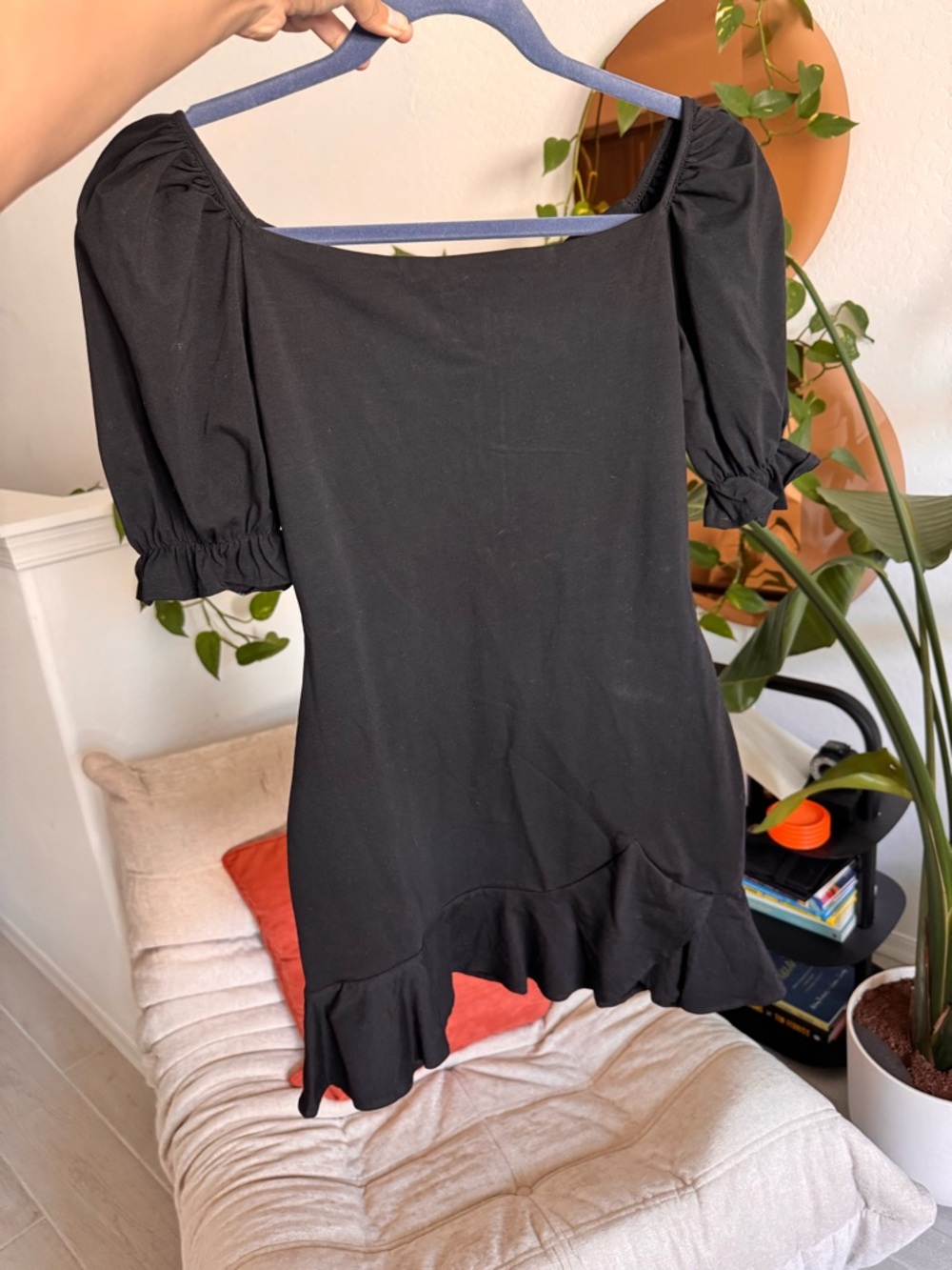 Princess Polly Black Puff-Sleeve Mini Dress with Ruffle Hem. Never worn!